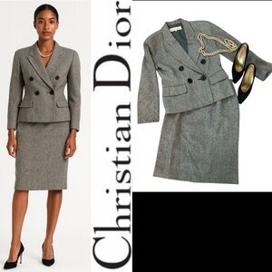 Christian Dior Vintage Double Breasted Wool Jacket And‎ Skirt Suit. BLK & Gray